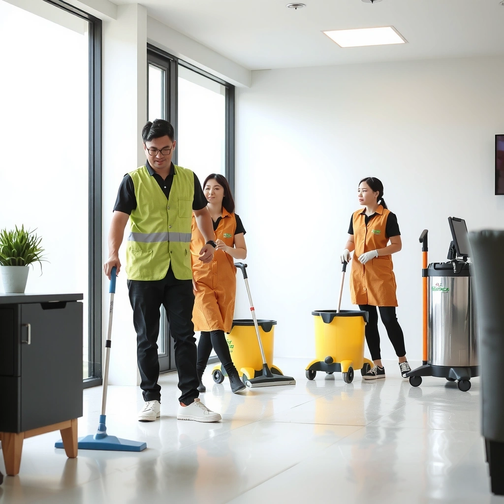 FreshSpace professional cleaning team in action showing eco-friendly cleaning products and modern equipment